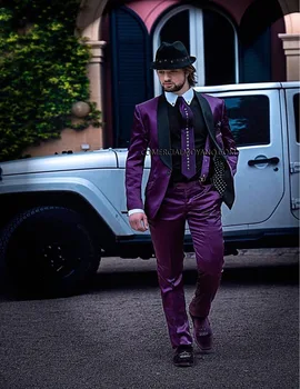 

2017 Developed Fashion Men's Wedding Suits Groom Tuxedos Purple Satin Bespoke Best Man Suits Cool Show Suits (Jacket+Pants+Tie)