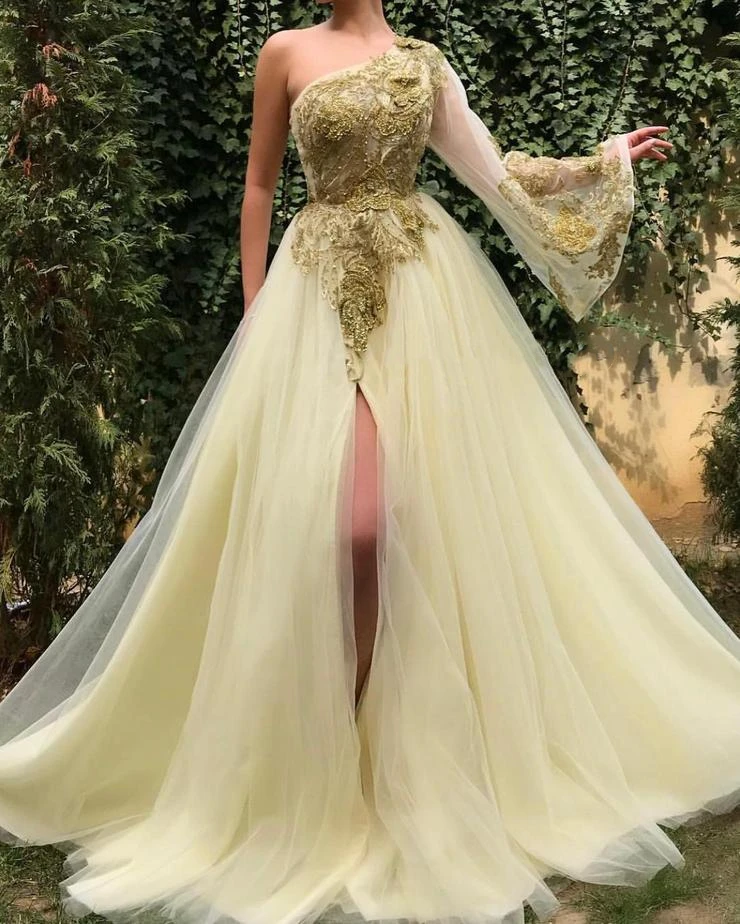 Amazing Champagne One Shoulder Evening Dresses Gold Lace Applique Side Split Formal Prom Dress Real Pictures robe de soiree
Amazing Champagne One Shoulder Evening Dresses Gold Lace Applique Side Split Formal Prom Dress Real Pictures robe de soiree