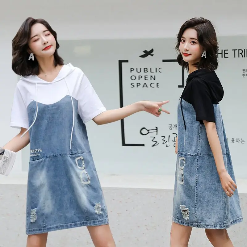 New Summer Style Women Dresses Plus Size Fashion Casual Loose Hole Patchwork Hooded Jeans Dress For Women Larger Denim One-Piece
New Summer Style Women Dresses Plus Size Fashion Casual Loose Hole Patchwork Hooded Jeans Dress For Women Larger Denim One-Piece