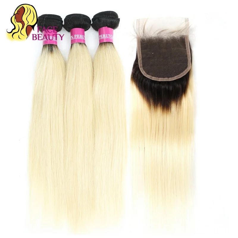

Facebeauty 1B 613 Peruvian Human Hair 2 Tone Dark Roots Ombre Blonde Remy Hair 3 Bundle With Lace Closure 4x4 Straight Hair Weft