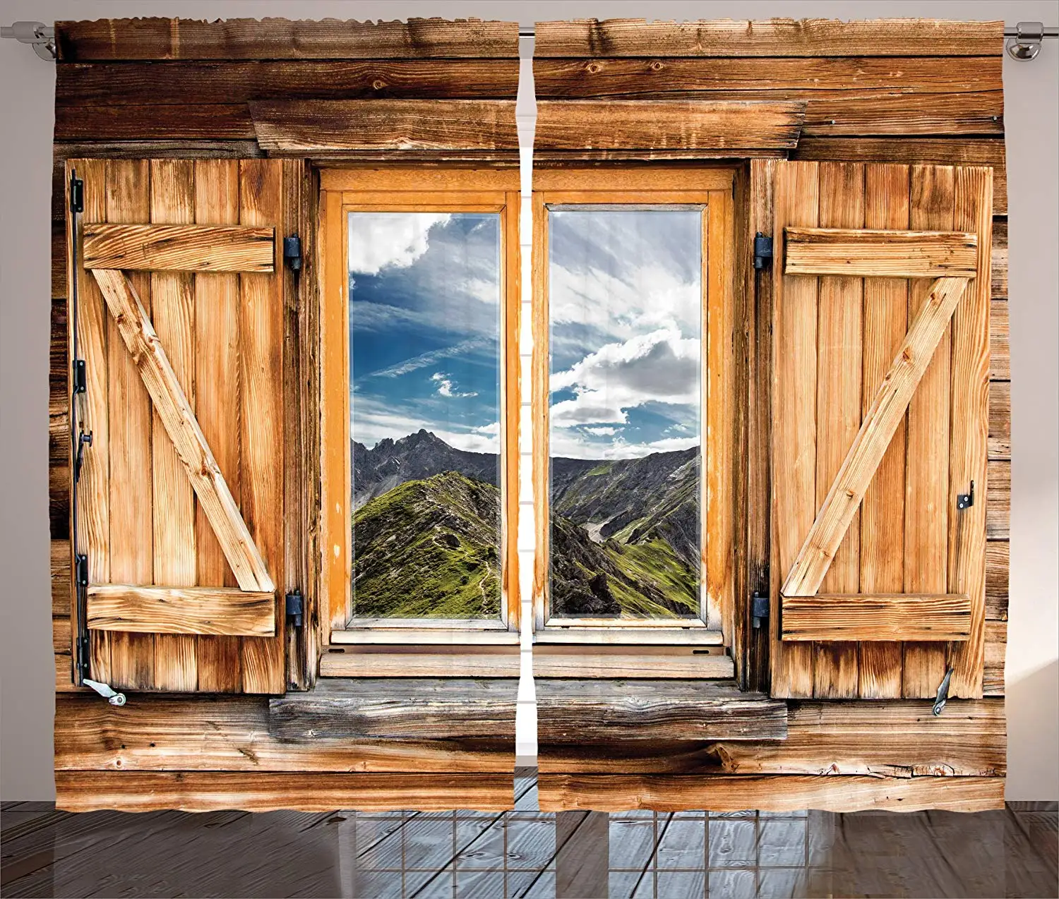 Apartment Curtains Mountain Sky View from a Wooden Shuttered Window Room on Top of The Hills Nature Living Room Bedroom Decor 
Apartment Curtains Mountain Sky View from a Wooden Shuttered Window Room on Top of The Hills Nature Living Room Bedroom Decor