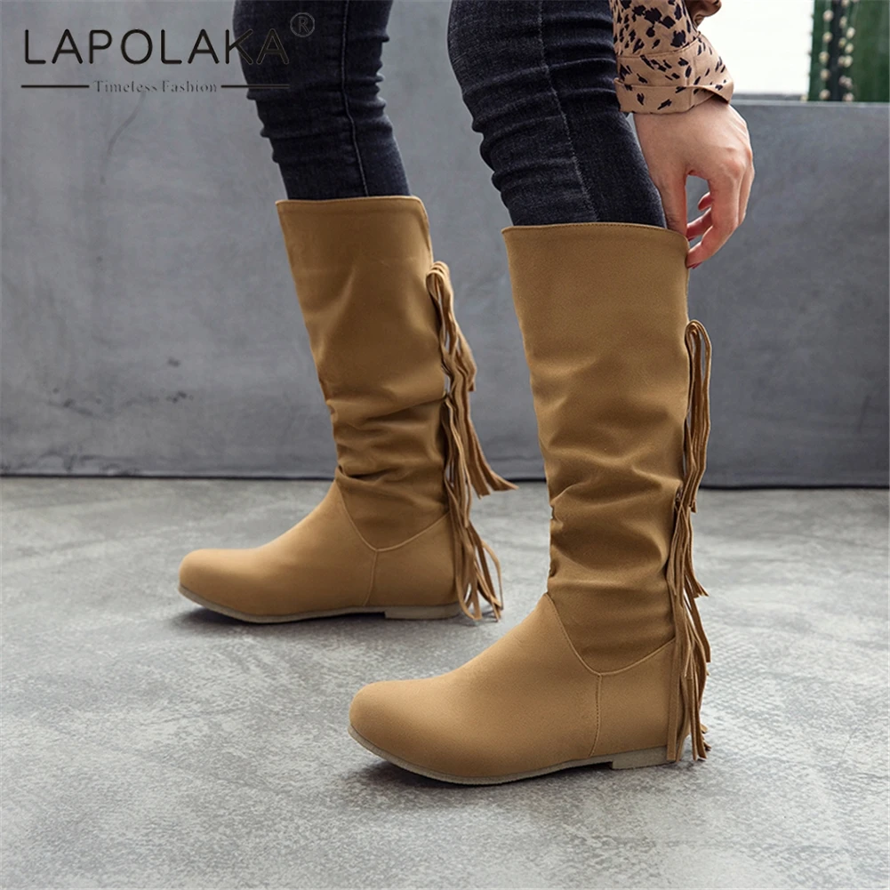 

Lapolaka Plus Size 32-50 Hot Sale Chunky Heels Shoes Woman Boots Female Fringe Slip On Casual Mid Calf Boots Woman Shoes