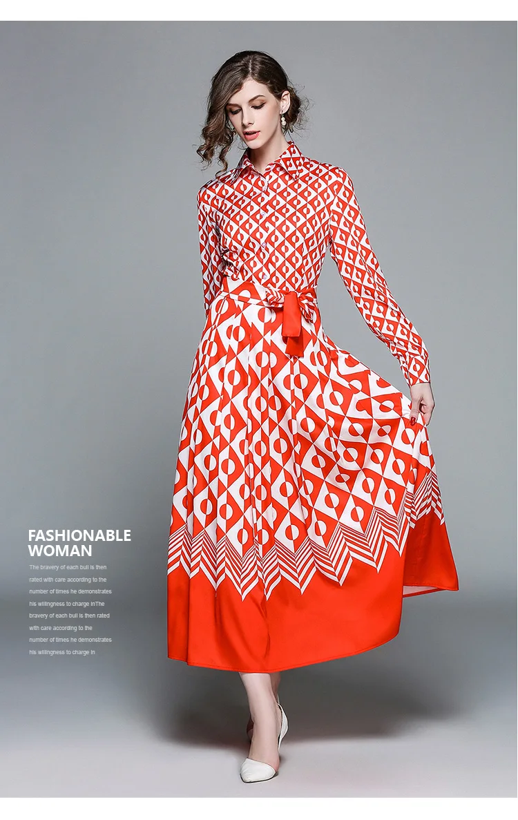 

Women Spring Summer Runway Dress Vestidos Mexican Dress Elegant Long Sleeve Vintage Geometric Print Belt Pleated Maxi Dress