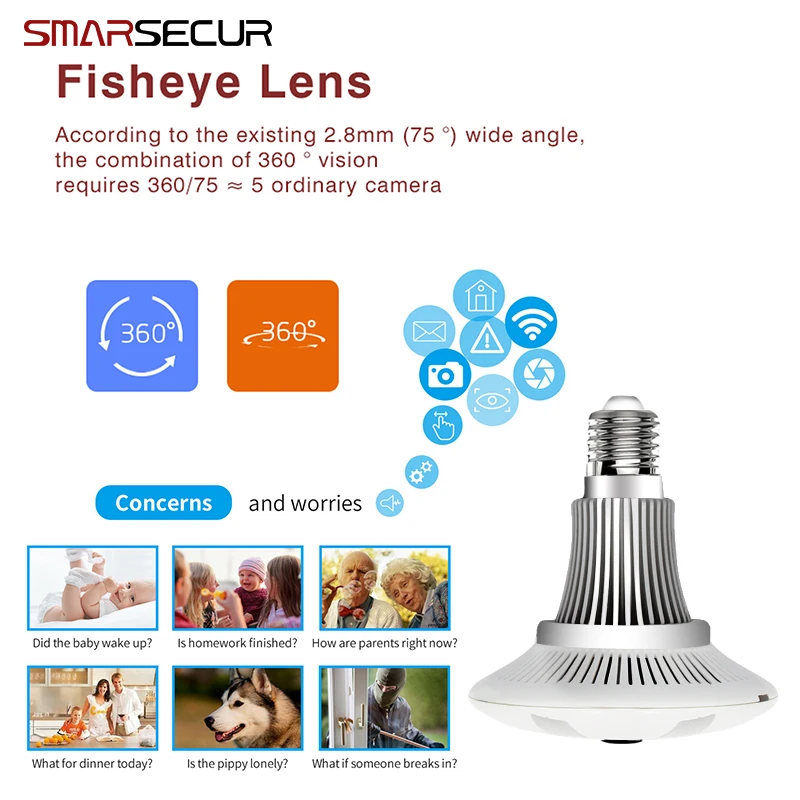SMARSECUR 360 Degree Bulb Light IP Camera Wireless Wifi FishEye Lens 1080P HD Lamp Camera
SMARSECUR 360 Degree Bulb Light IP Camera Wireless Wifi FishEye Lens 1080P HD Lamp Camera