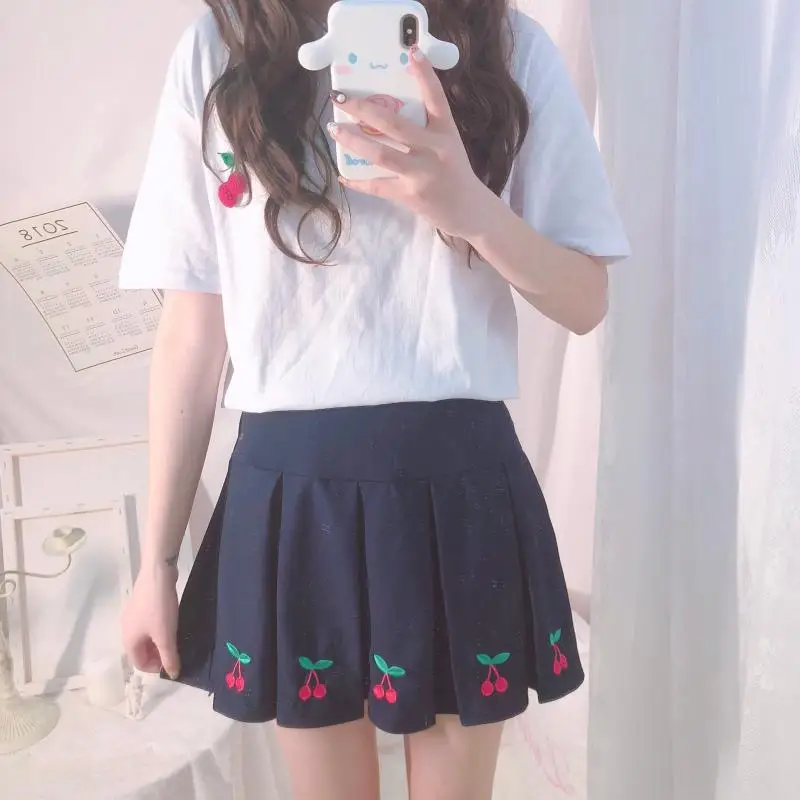 High Waist Cute Cherry Embroidery Girls Skirt Sweet Elastic Waist A-Line Student Pleated Skirt Short Sleeve Chic Cherry T Shirt
High Waist Cute Cherry Embroidery Girls Skirt Sweet Elastic Waist A-Line Student Pleated Skirt Short Sleeve Chic Cherry T Shirt
