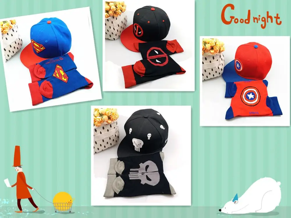 Marvel Hero Punisher Captain America Superman Deadpool Fasion Socks and Baseball Cap Adjustable Hip Hop for Adult hat and sock
Marvel Hero Punisher Captain America Superman Deadpool Fasion Socks and Baseball Cap Adjustable Hip Hop for Adult hat and sock