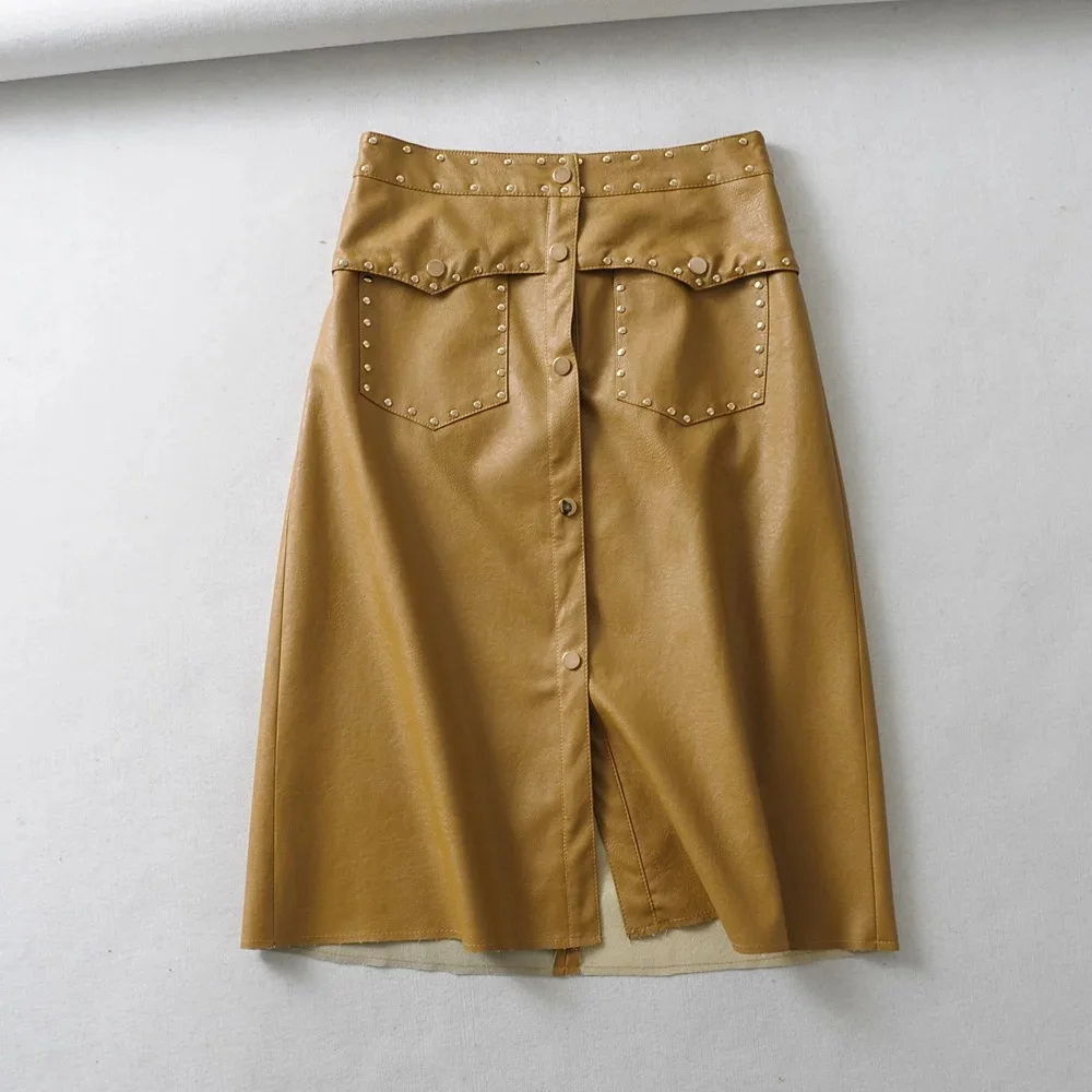 2019 Spring New Arrival Single Breasted Elegant Ladies Skirts Slim Rivet Leather Skirt With Double Pockets Free Shipping 
2019 Spring New Arrival Single Breasted Elegant Ladies Skirts Slim Rivet Leather Skirt With Double Pockets Free Shipping