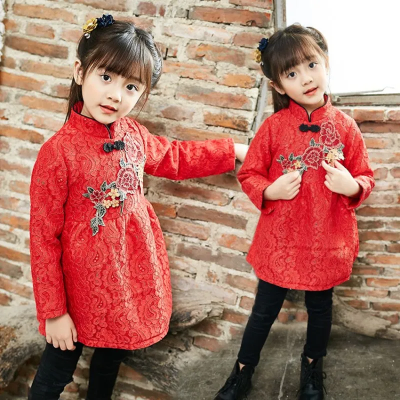 

Modern Long Sleeve Velvet Girls Red Cheongsam Dress Wedding Qi Pao Cheong Sam Chinese Traditional Children Party Kids Qipao