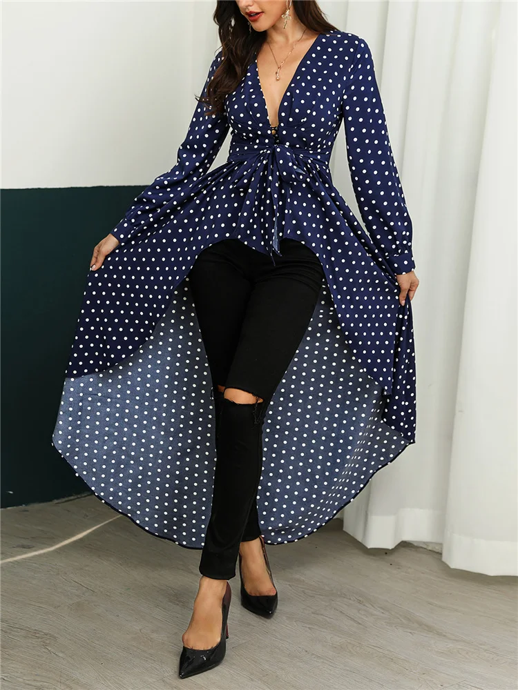 

Polka Dot Print Ruffles Dip Hem Asymmetrical Blouse 2019 Summer Women Elegant Long Leisure Shirt Ladies Office Work Casual Top