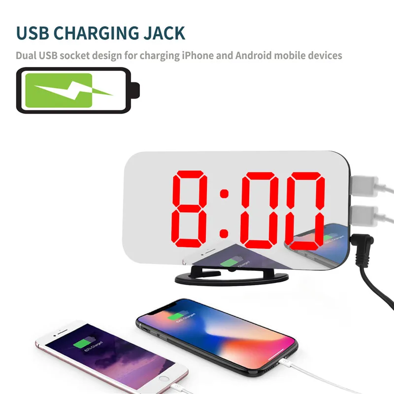 Digital LED Alarm Clock Snooze Display Mirror Clock Desktop Office Home Digital Table Clocks USB Charge Port Time Memory Functio
Digital LED Alarm Clock Snooze Display Mirror Clock Desktop Office Home Digital Table Clocks USB Charge Port Time Memory Functio