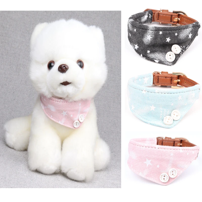 

Lovely Stars Jean Fabric Leather Pets Dog Collars Puppy Cats Bib Scarf Small Chihuahua Dogs Neck Strap Adjustable Cat Collar