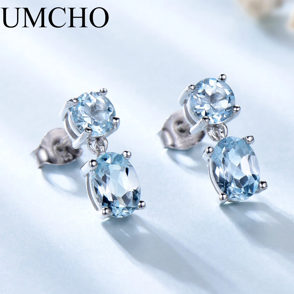 

UMCHO 925 Sterling Silver Earrings Double Created Nano Sky Blue Topaz Gemstone Earrings Engagement Gift For Women Fine Jewelry