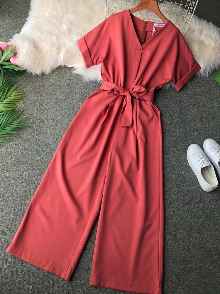 Women's spring summer solid color short sleeve v neck jumpsuit female summer wide leg belt chic pants TB1221
Women's spring summer solid color short sleeve v neck jumpsuit female summer wide leg belt chic pants TB1221