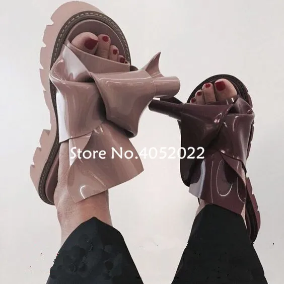 Patent leather Knot Rome Designed Slides Shoes Casual Platform Summer Open Toe Woman Summer Slippers Sandals Shoes Flip Flops