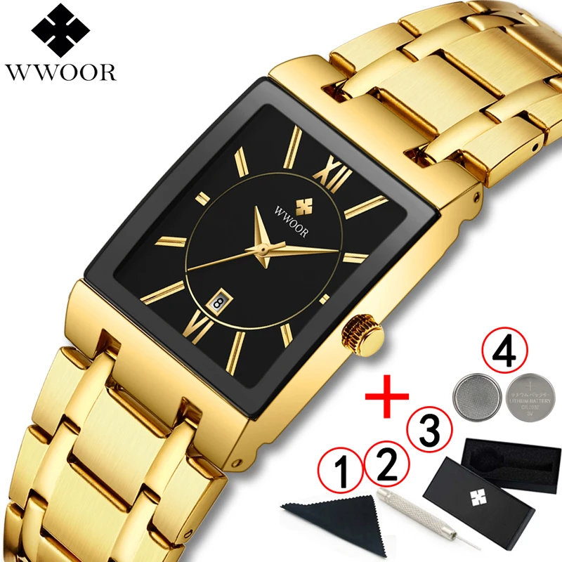WWOOR мужские часы золотые квадратные роскошные брендовые водонепроницаемые