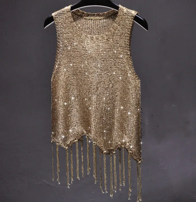 2017 Summer sexy shiny gold silver knitted tank tops women bling bling sequined tank tops women tassels knitted vest tank tops
2017 Summer sexy shiny gold silver knitted tank tops women bling bling sequined tank tops women tassels knitted vest tank tops