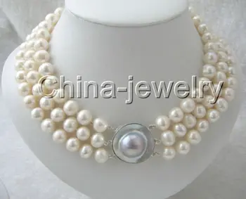 

Wholesale price 16new ^^^^17-19" 3row 10mm natural white round freshwater pearl necklace-silver Mabe clasp