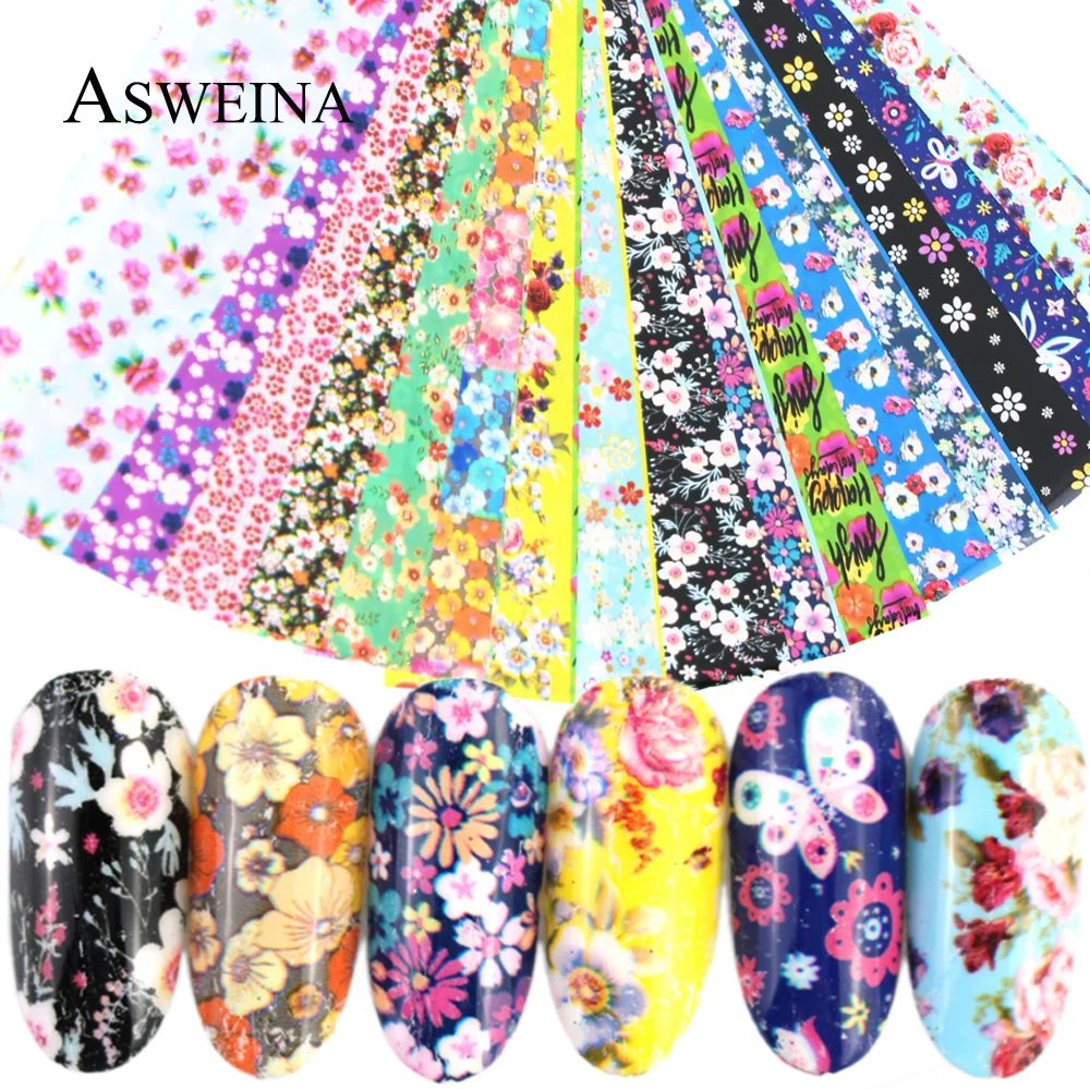 

16pcs 4*20cm Holographic Nail Foil Set Flower Mix Designs Transfer Decals Stickers Charms Nail Art Decoration Wraps