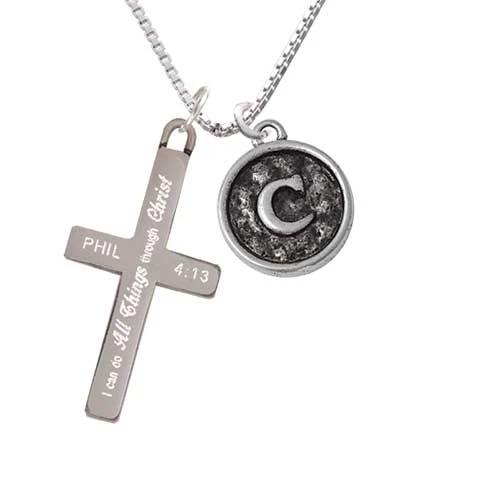 Antiqued Round Seal - Initial - C - - I Can Do All Things - Cross Necklace (1)