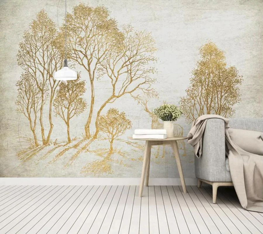 

Decorative wallpaper Small fresh style woods elk golden idyllic mural TV background wall