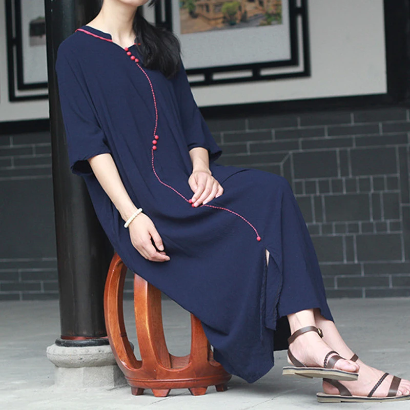 Women Embroidery Dress Summer New Navy Blue Casual Stand Bat Sleeve Vintage Cotton Patchwork Loose Dresses
Women Embroidery Dress Summer New Navy Blue Casual Stand Bat Sleeve Vintage Cotton Patchwork Loose Dresses