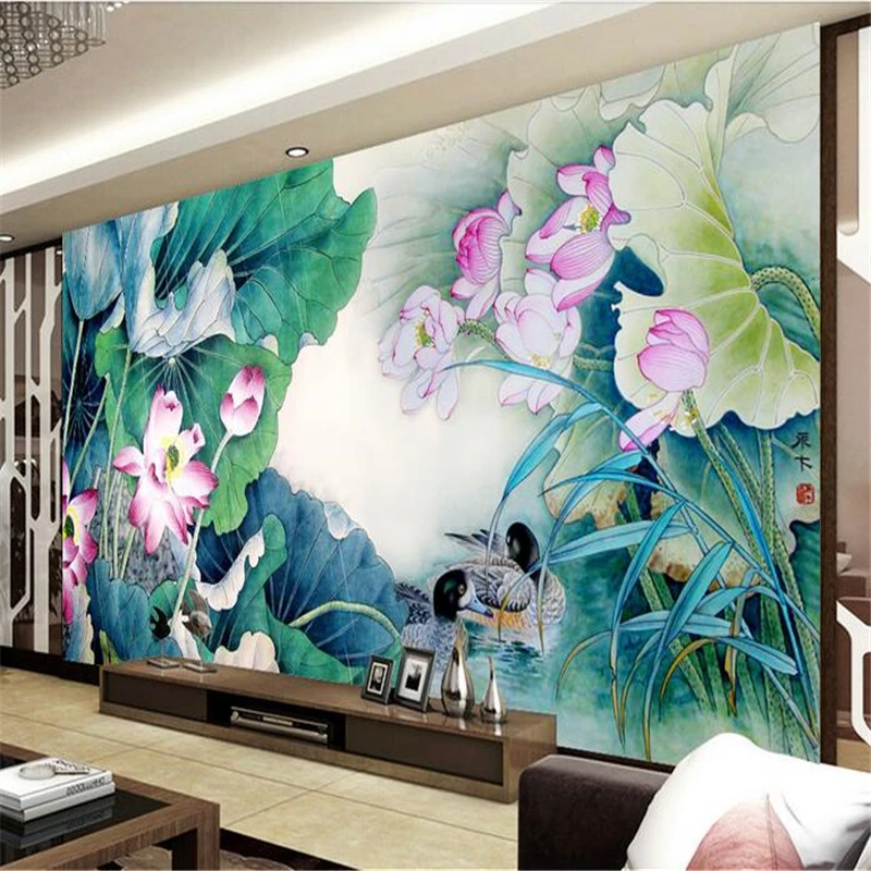 beibehang custom mural non-woven 3d room wallpaper sticker Ink painting lotus mandarin duck photo wall murals | Обустройство дома
