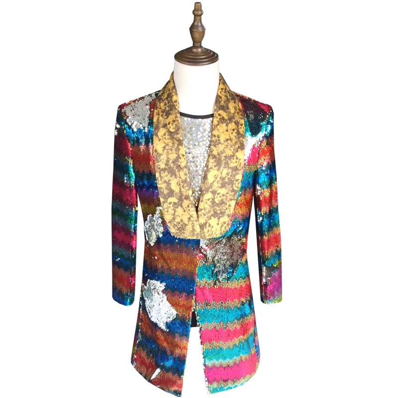 Men Colored Sequins Blazers Punk Rock Male Singer Long Coat Stage Outfit Flashing Nightclub Party Compere Costumes DJ DS | Мужская