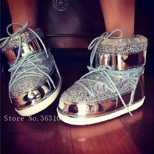Fashion Bling Bling Gllitter Flats Snow Boots Warm Winter Fur Round Toe Slip On Cross-tied Lace up Ankle Boots PLatform Shoes
Fashion Bling Bling Gllitter Flats Snow Boots Warm Winter Fur Round Toe Slip On Cross-tied Lace up Ankle Boots PLatform Shoes
