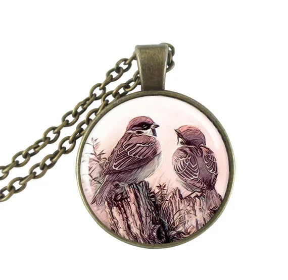 Image Sparrow pendant necklace bird jewelry glass cabochon animal pendants necklaces antique bronze long chain tree necklace jewellery