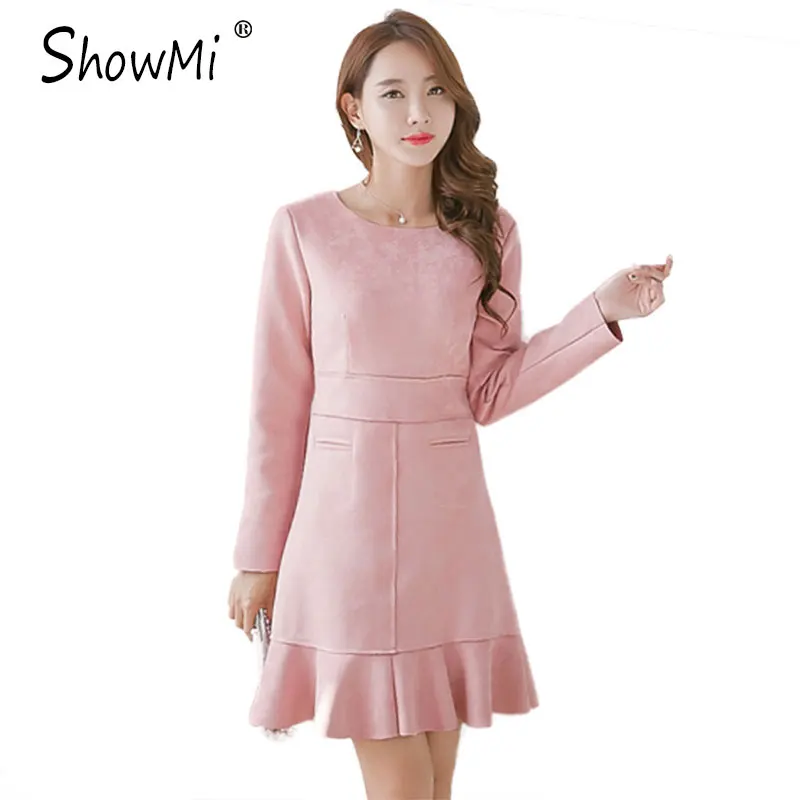 Image ShowMi Apparel High Quality 2016 Women Autumn Bodycon Dress Pink Grey Long Sleeve 2016 Fall Winter Ruffle Mini Dresses