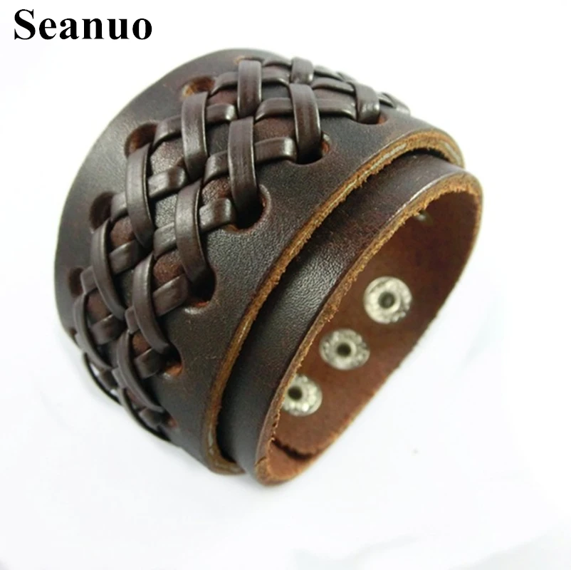 Seanuo Punk Men Women Wide Genuine Leather Bracelet Handmade Braid Wrap Cuff Bangle Bracelet Brown Black Color Fashion Jewelry
Seanuo Punk Men Women Wide Genuine Leather Bracelet Handmade Braid Wrap Cuff Bangle Bracelet Brown Black Color Fashion Jewelry
