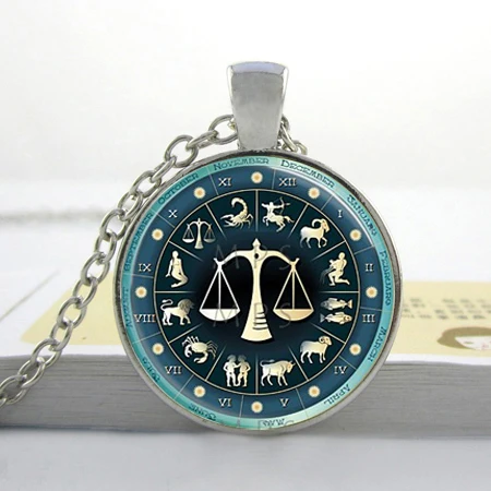 Image Glass Dome Necklace Libra Necklace Zodiac Jewelry Astrological Sign Scales September October Birthday Astrology Pendant Necklace