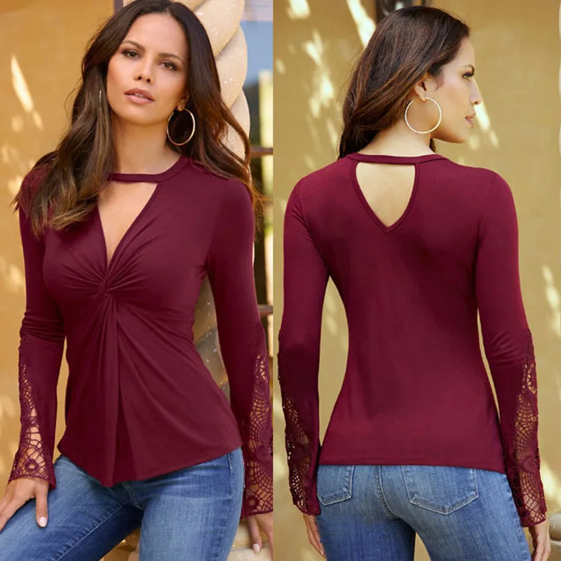 T Shirt Women Autumn V-Neck t-shirt Casual Lace Hollow Out Tops & Tees Shirt Femme Long Sleeve tshirt Top Female 2018 Clothing
T Shirt Women Autumn V-Neck t-shirt Casual Lace Hollow Out Tops & Tees Shirt Femme Long Sleeve tshirt Top Female 2018 Clothing