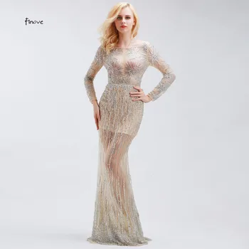 Finove Celebrity Luxury Crystal Beading Long Sleeve Dresses