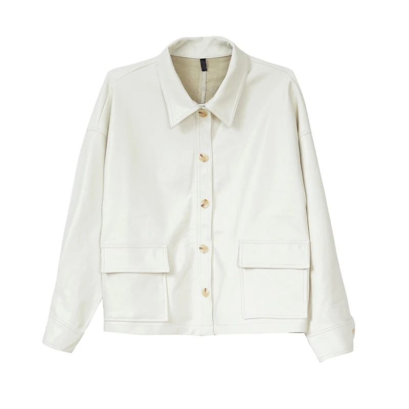 PERHAPS U Women PU faux leather white black jacket pocket turn down collar outwear button high street C0032
PERHAPS U Women PU faux leather white black jacket pocket turn down collar outwear button high street C0032