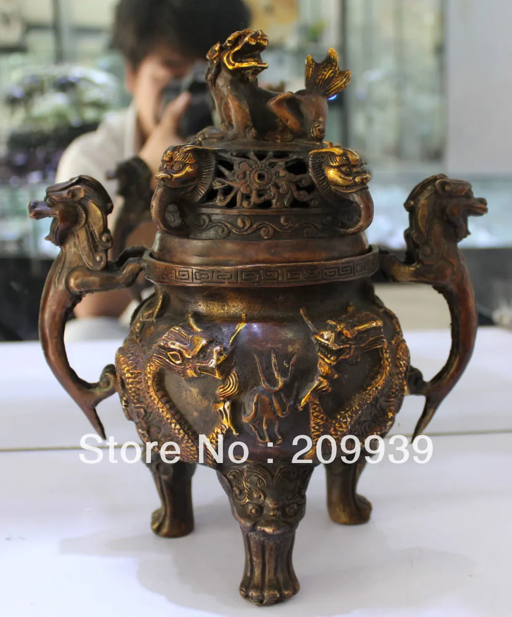 00846 11"Chinese Marked Bronze Gilt Dragon Lion Beast Foo Fu Dog Incense Burner Censer
00846 11"Chinese Marked Bronze Gilt Dragon Lion Beast Foo Fu Dog Incense Burner Censer