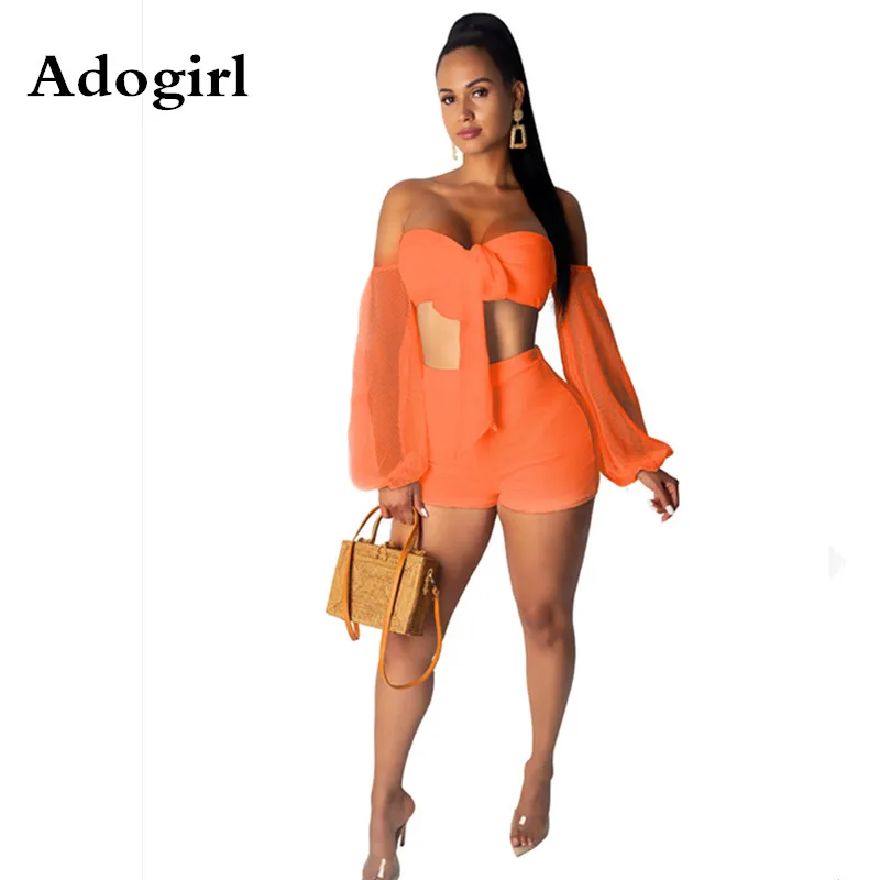 Fluorescent Color Mesh Women Two Piece Set Front Tie Hollow Out Long Sleeve Crop Top + Shorts Sexy Night Club Party Outfits 
Fluorescent Color Mesh Women Two Piece Set Front Tie Hollow Out Long Sleeve Crop Top + Shorts Sexy Night Club Party Outfits