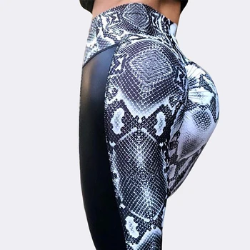 SALSPOR Yoga Pants Women White Snake Printed Leggings Black PU Leather Patckwork Outdoor Jogging Training Pants