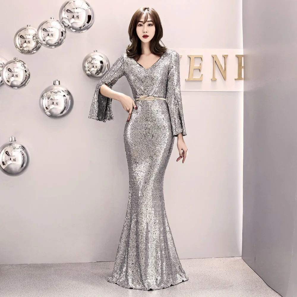 Elegant Party Dress Women Gold Silver Sequin Evening Party Gown Cloak Sleeves V Neck Belt Sexy Wedding Vestido de fiesta
Elegant Party Dress Women Gold Silver Sequin Evening Party Gown Cloak Sleeves V Neck Belt Sexy Wedding Vestido de fiesta