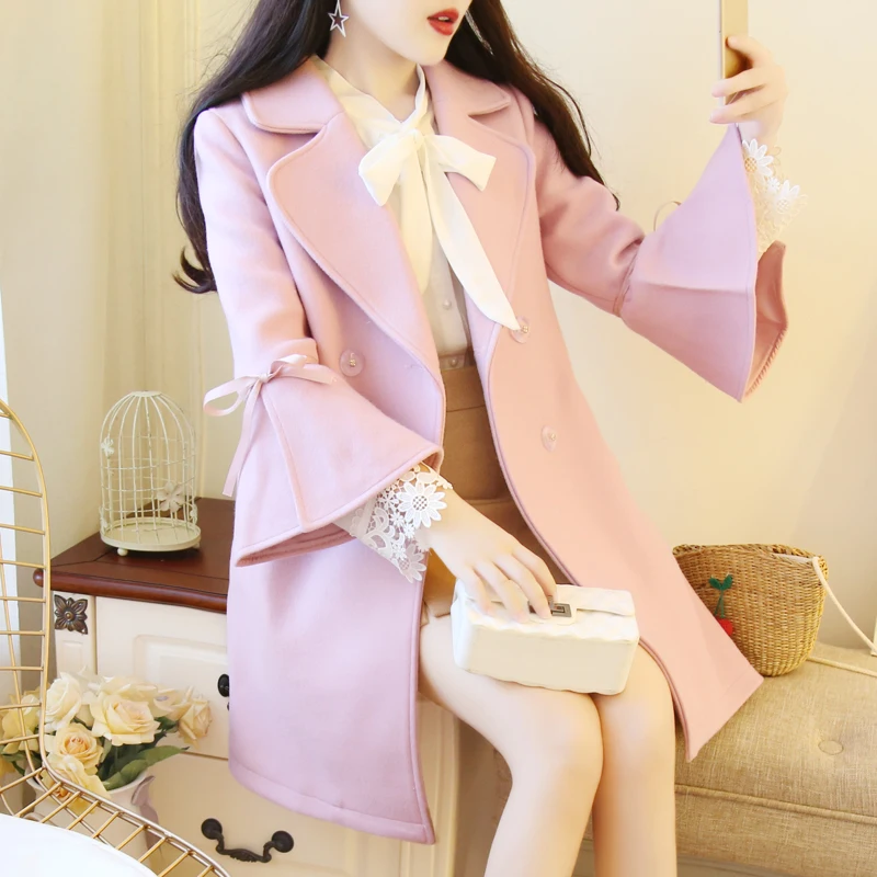 

Winter Korean version popular new Hepburn style autumn and winter small fresh woolen coat female long section Nizi coat