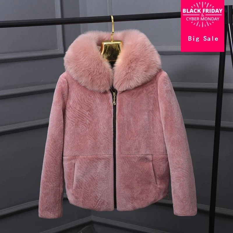

Winter Fuax fox collar Very good quality sheep Fur Coat Winter Women Luxury Faux Fox Fur Furry Slim Woman Fake Fur jacket wj1765