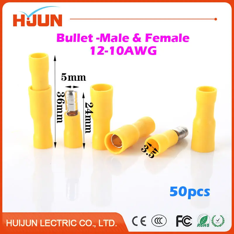50pcs/lot Bullet-Male & Bullet-Female Quick Disconnect Cable Wire Splice Insulation Terminal Connector 4-6mm2 12-10AWG 24A
50pcs/lot Bullet-Male & Bullet-Female Quick Disconnect Cable Wire Splice Insulation Terminal Connector 4-6mm2 12-10AWG 24A