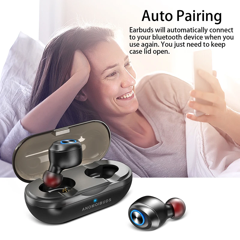 Image of autopairing Anomoibuds earphones with charging box. Anomoibuds headphones with charging box Foto of autopairing Anomoibuds earphones with charging box. Anomoibuds headphones with charging box