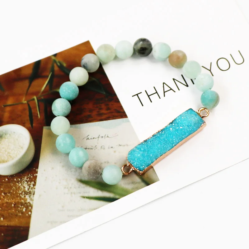 Nature Matte Amazonite with Unique Rectangle Lake-Blue Raw Mineral Crystal Quartz Druzy Charm Boho Women Mala Bracelet
Nature Matte Amazonite with Unique Rectangle Lake-Blue Raw Mineral Crystal Quartz Druzy Charm Boho Women Mala Bracelet