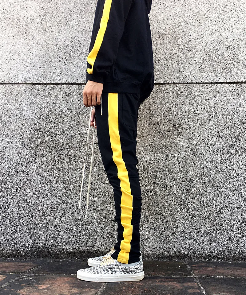 

Side Yellow Stripe Men Casual Track Pant 2018 Yellow Splice Stripes Mens Sweatpants Joggers Hip Hop Pocket Side Zipper Trousers