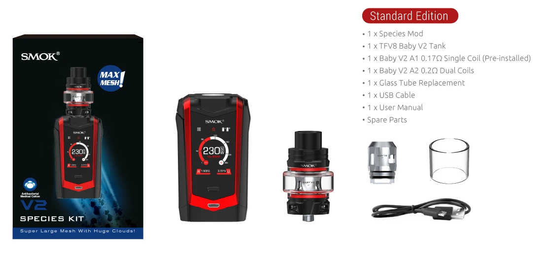 Original SMOK Species Kit 230W With TFV8 Baby V2 Tank +V8 baby V2 A1/A2 Coils Electronic Cigarette smok species smok vape kit