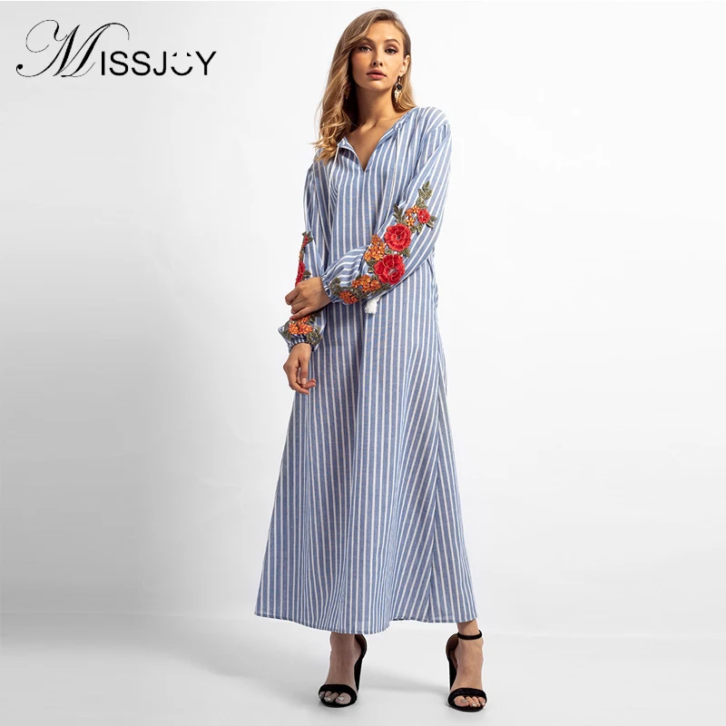 Мусульманское женское платье MISSJOY длинное кафтан в полоску с вышивкой и длинным