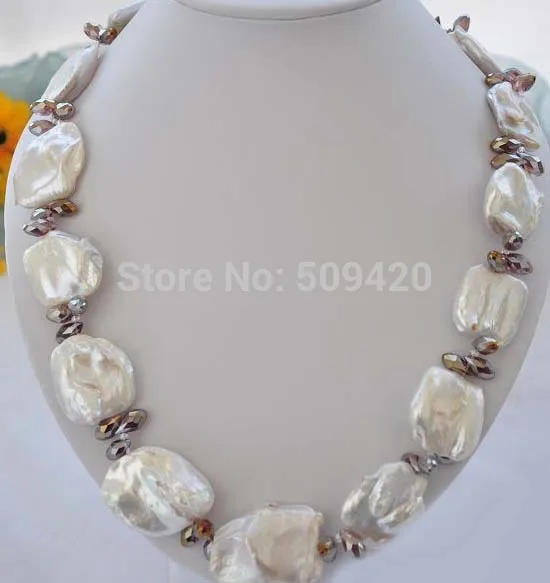 

~~ Free Shipping > 20" HUGE 38mm baroque white KESHI REBORN PEARL crystal NECKLACE