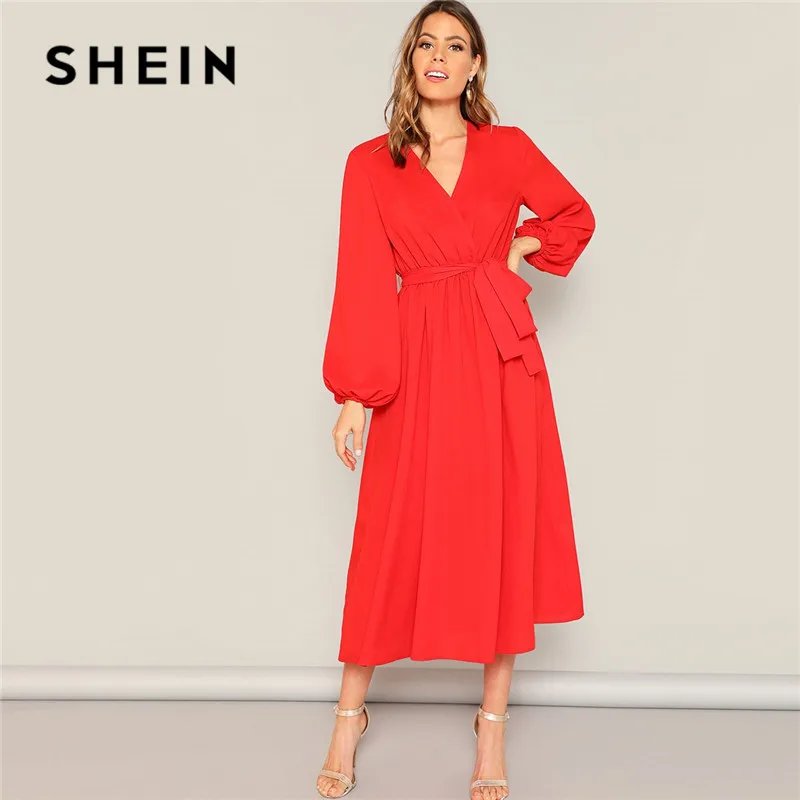 

SHEIN Neon Red Lantern Sleeve Surplice Neck Wrap Belted Maxi Dress Women Elegant Solid V Neck Spring Summer Dress