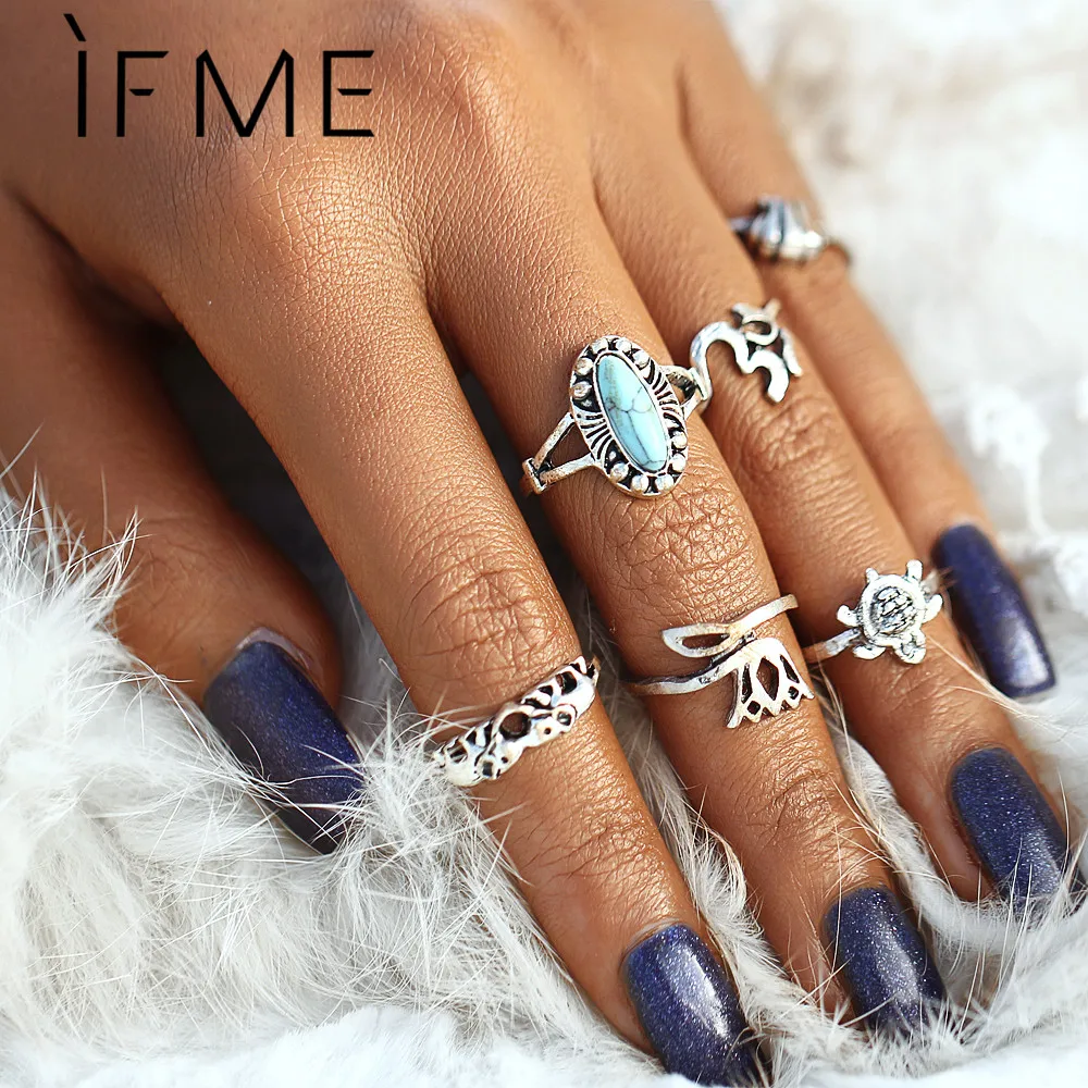 

IF ME Bohemian Animal Ring Set Punk Antique Silver Color Blue Stone Elephant Turtle Knuckle Midi Rings for Women Finger Jewelry